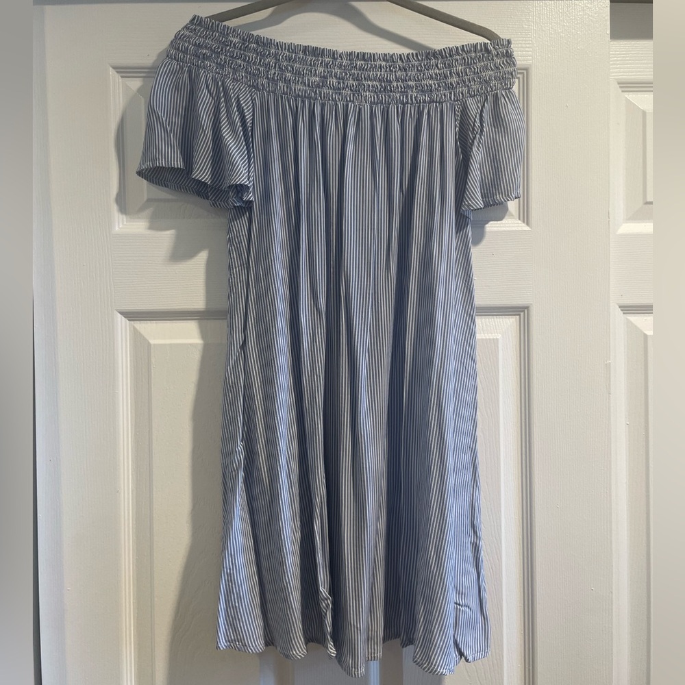 Off the shoulder blue and white striped dress